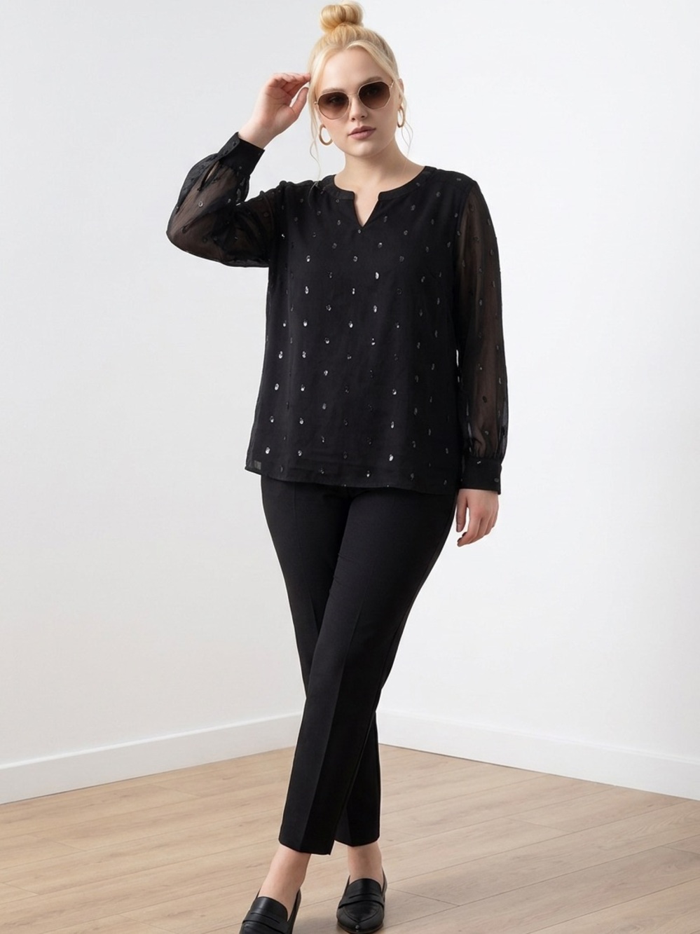 Embellished Black Sheer-Sleeve Blouse - Women